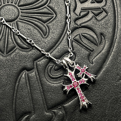 Punk hip-hop Thai silver plated 22K white gold double cross color diamond necklace sweater chain